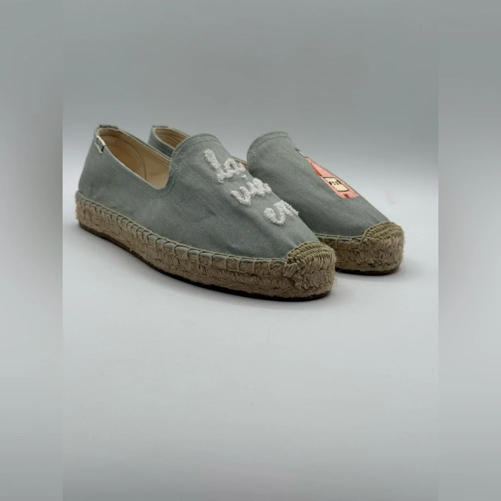 Soludos La Vie En Rosé Embroidered Espadrille Flats Blue Canvas Slip-On Shoes